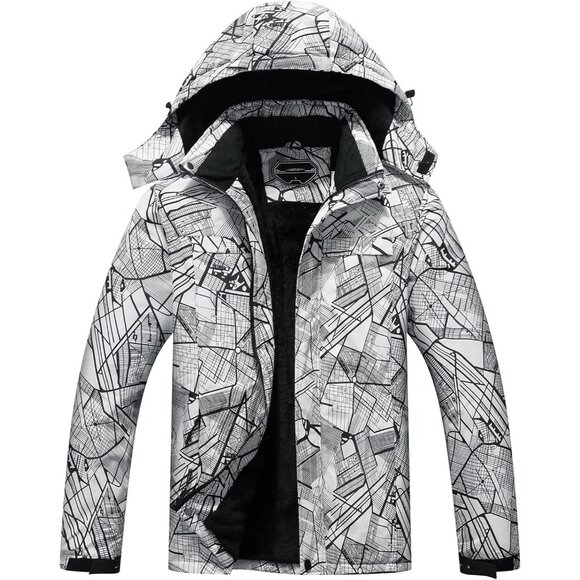 Men's Waterproof Ski Jacket Snowboarding Windbreaker Black White City